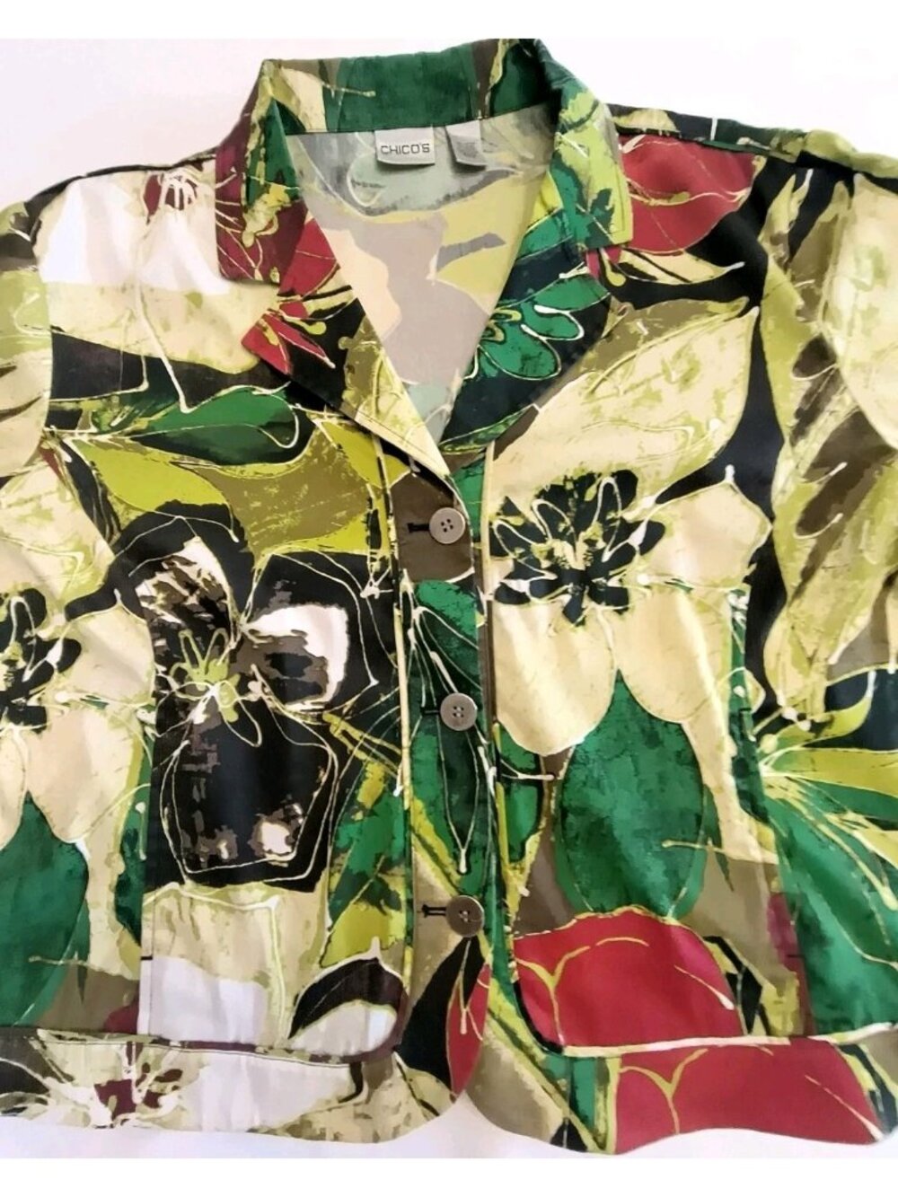 Chicos Women Size 3 Green Floral Button Front Long Sleeve Collared Jacket - Picture 2 of 14